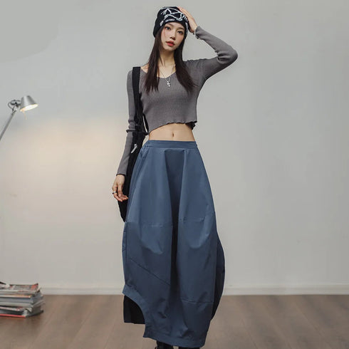Premium Women's Bud Skirt – Solid Color Lantern Skirt with Irregular Hem & Elastic Back Waist